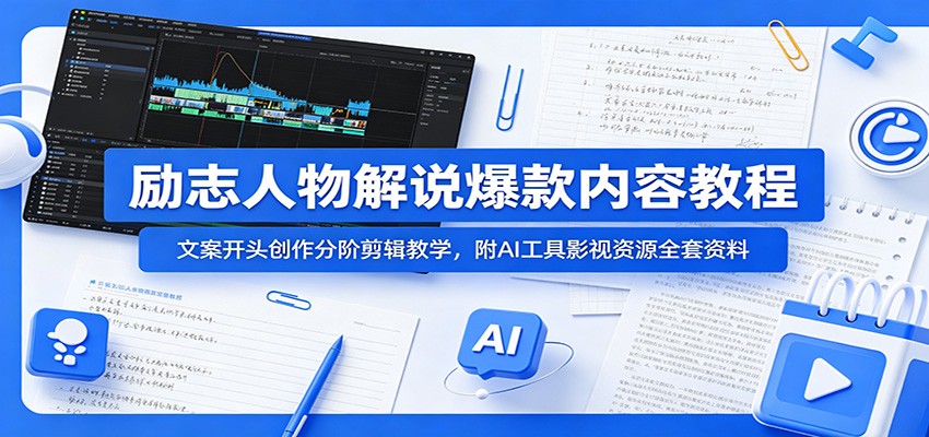 励志人物解说爆款内容教程：文案开头创作分阶剪辑教学，附AI 工具影视资源全套资料-快名资源网