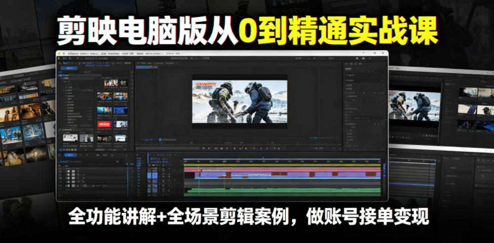剪映电脑版从0到精通实战课，全功能讲解+全场景剪辑案例，做账号接单变现-快名资源网
