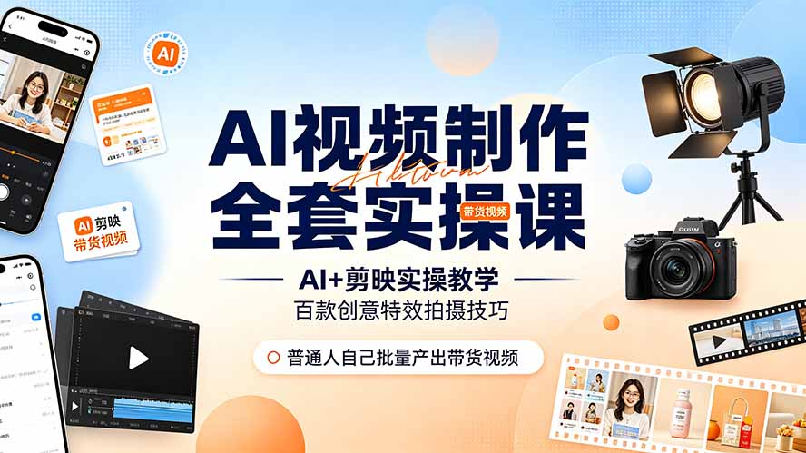 AI视频制作全套实操课，多款AI工具搭配剪映教学，百种特效运镜拍摄实操，抖音账号带货运营全覆盖-青虫资源网