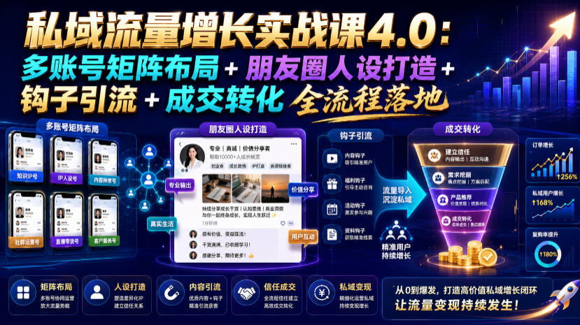 私域流量增长实战课4.0：多账号矩阵布局+朋友圈人设打造+钩子引流+成交转化全流程落地-青虫资源网