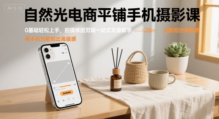 自然光电商平铺手机摄影课，0基础轻松上手，拍摄修图剪辑一站式实操教学，用手机也能拍出高级感-快名资源网