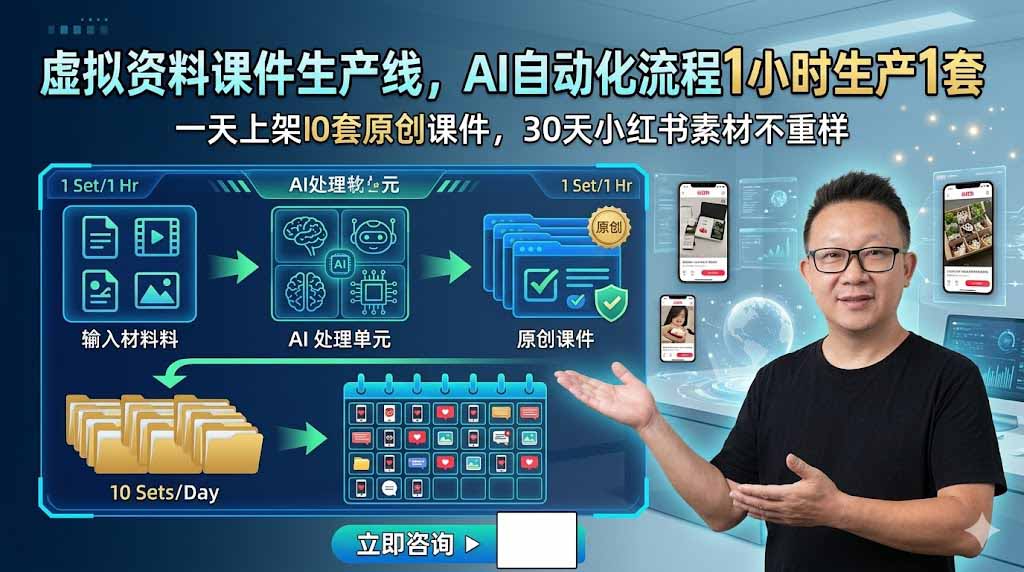 虚拟资料课件生产线，AI自动化流程1小时生产1套，一天上架10套原创课件，30天小红书素材不重样-青虫资源网