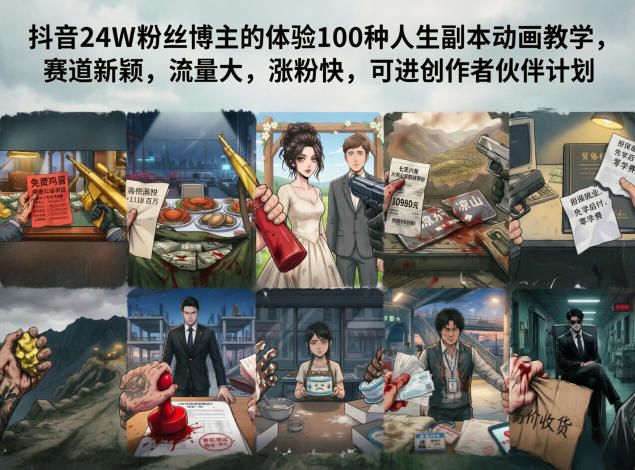抖音24W粉丝博主的体验100种人生副本动画教学，赛道新颖，流量大，涨粉快，可进创作者伙伴计划-快名资源网