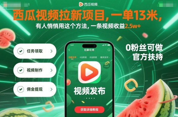 西瓜视频拉新项目，一单13米，有人悄悄用这个方法，一条视频收益2.5w+(附详细教程)-快名资源网