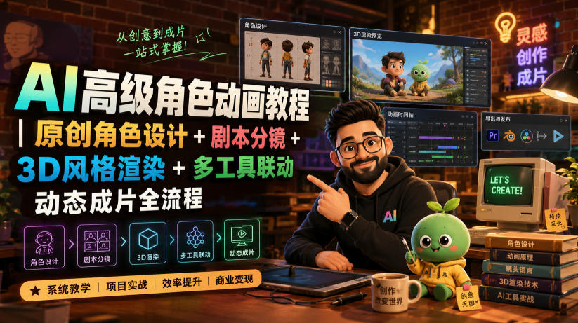 AI高级角色动画教程｜原创角色设计+剧本分镜+3D风格渲染+多工具联动动态成片全流程【中英字幕】-青虫资源网