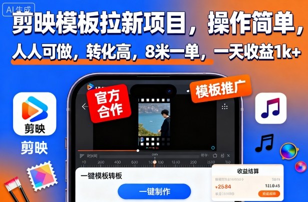 剪映模板拉新项目，操作简单，人人可做，转化高，8米一单，一天收益1k+-快名资源网