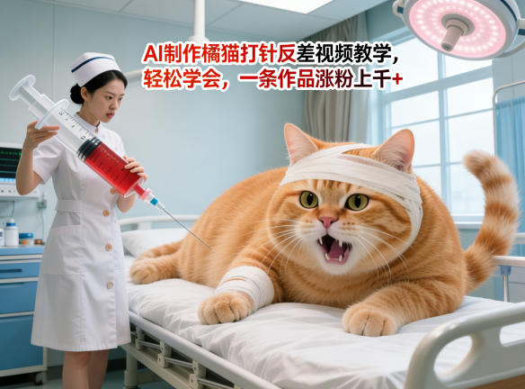 AI制作橘猫打针反差视频教学，轻松学会，一条作品涨粉上千+-快名资源网