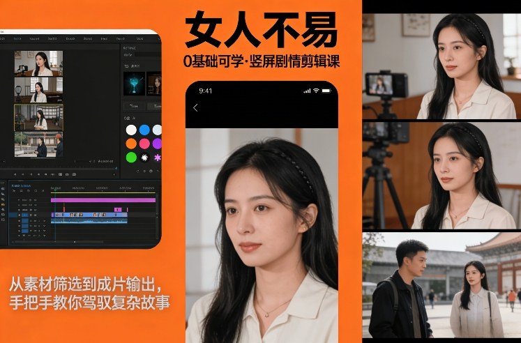 0基础可学！《女人不易》竖屏剧情剪辑课，从素材筛选到成片输出，手把手教你驾驭复杂故事-快名资源网