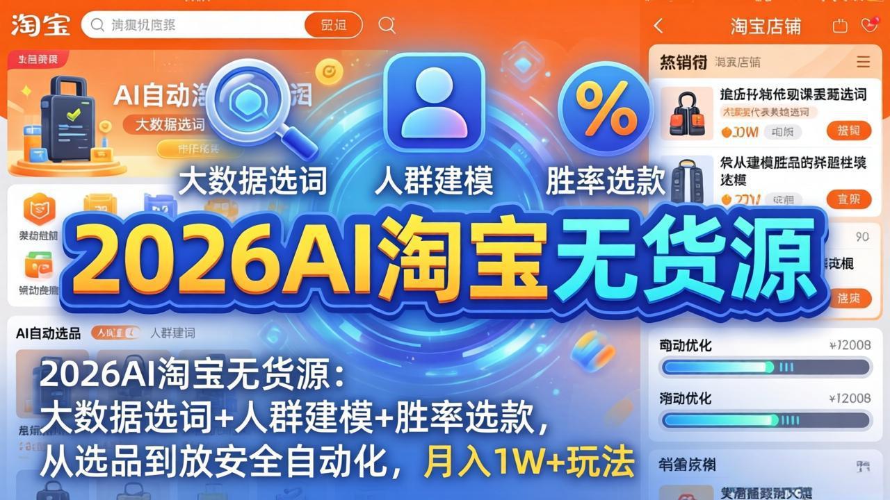 2026AI淘宝无货源：大数据选词+人群建模+胜率选款，从选品到放大全自动化，月入1W+玩法-快名资源网