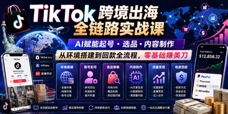TikTok跨境出海全链路实战课，AI赋能起号・选品・内容制作，从环境搭建到回款全流程，零基础賺美刀-快名资源网