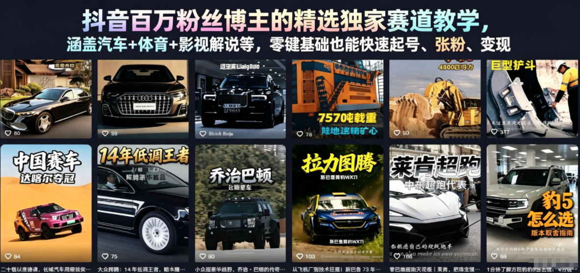 抖音百万粉丝博主的精选独家赛道教学，涵盖汽车+体育+影视解说等，零基础也能快速起号、涨粉、变现-快名资源网