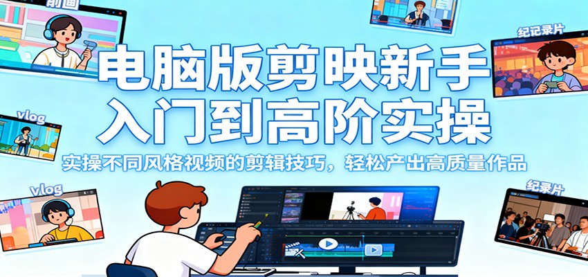 电脑版剪映新手入门到高阶实操，实操不同风格视频的剪辑技巧，轻松产出高质量作品-快名资源网