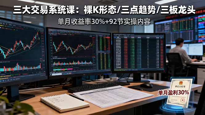 三大交易系统课：裸K形态/三点趋势/三板体系，单月收益率30%+92节实操内容-快名资源网