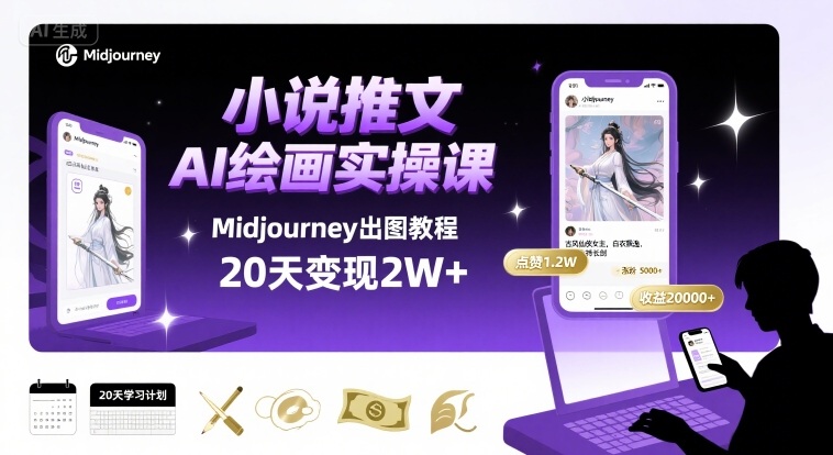 小说推文干货分享之AI绘画MJ出图实操课，用Midjourney做小说推文，20天挣2w-快名资源网