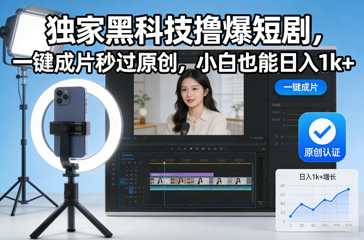 独家黑科技撸爆短剧，一键成片秒过原创，小白也能日入1k+【揭秘】-快名资源网