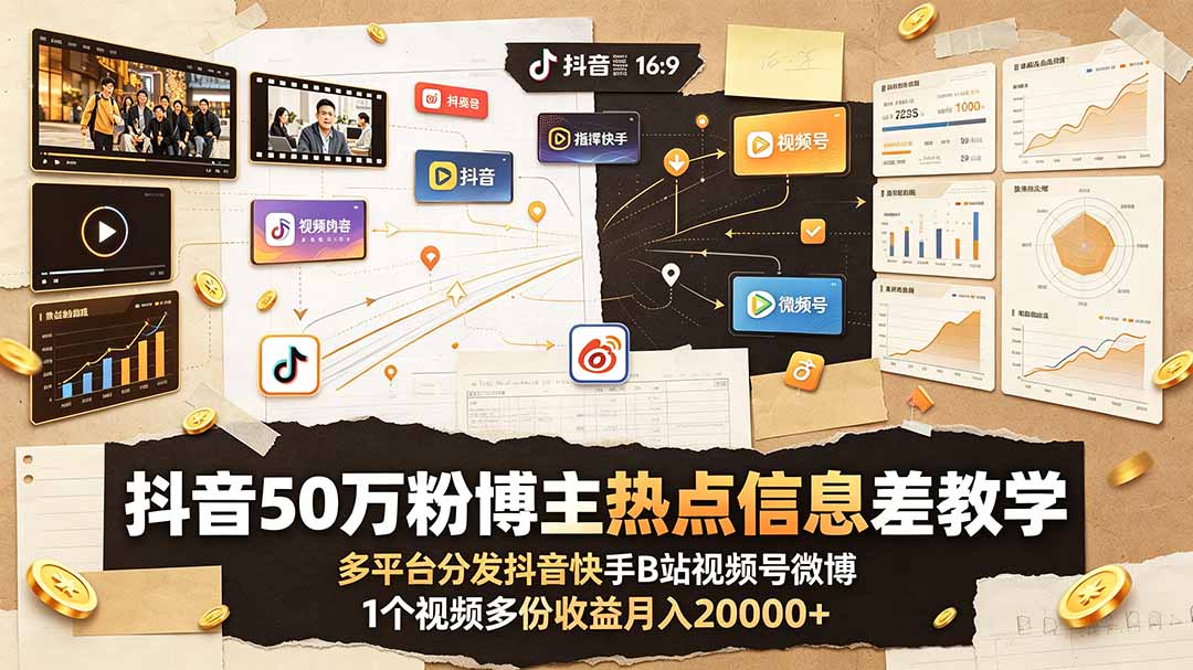 抖音50万粉博主热点信息差教学：多平台分发抖音快手B站视频号微博，1个视频多份收益月入20000+-青虫资源网