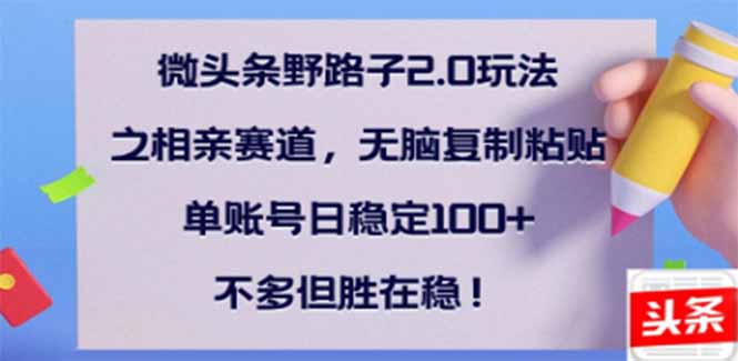 微头条野路子2.0玩法之相亲赛道，无脑搬砖复制粘贴，单账号日稳定300+...-快名资源网