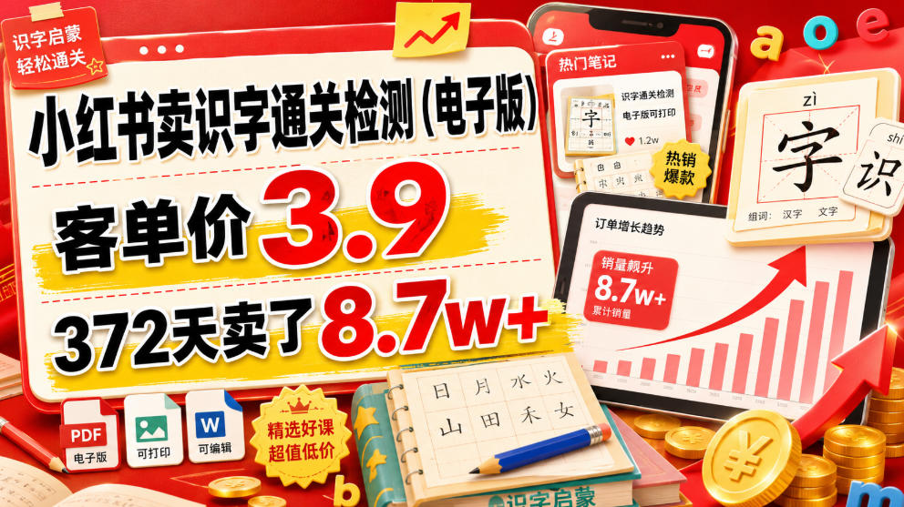 小红书卖识字通关检测(电子版)，客单价3.9，372天卖了8.7w+-青虫资源网