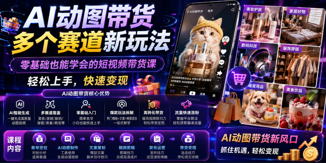 AI动图带货多个赛道新玩法，零基础也能学会的短视频带货课，轻松上手，快速变现-青虫资源网