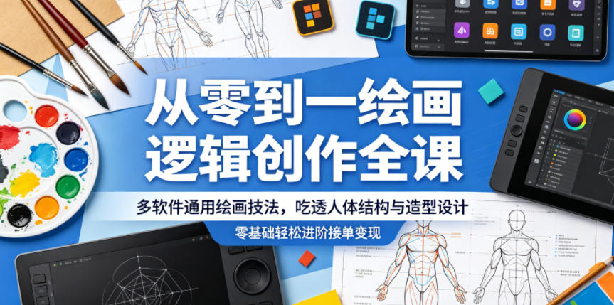 从零到一绘画逻辑创作全课，多软件通用绘画技法，吃透人体结构与造型设计，零基础轻松进阶接单变现-快名资源网