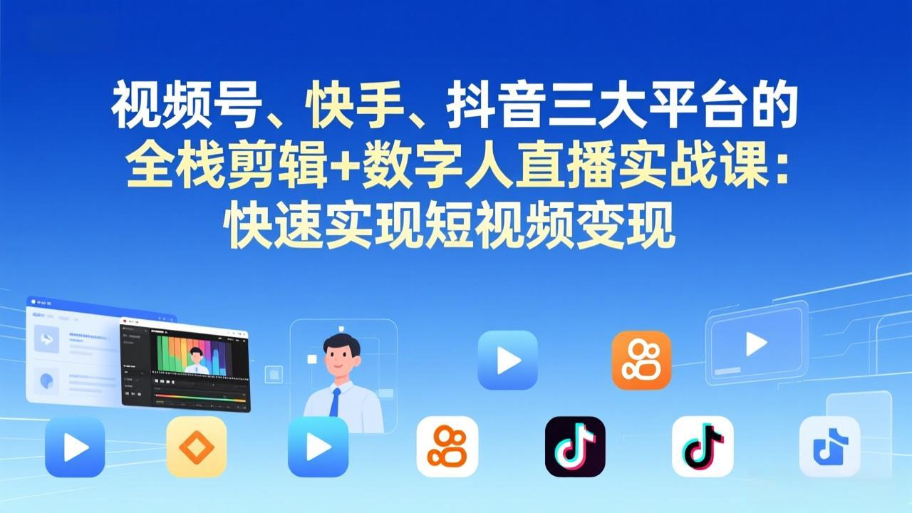 视频号+快手+抖音三大平台的全栈剪辑+数字人直播实战课-3月更新：快速实现短视频变现-快名资源网
