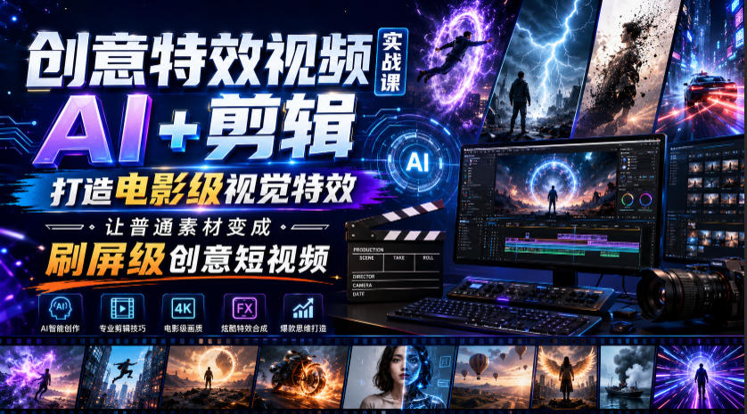 创意特效视频实战课，AI+剪辑打造电影级视觉特效，让普通素材变成刷屏级创意短视频-青虫资源网