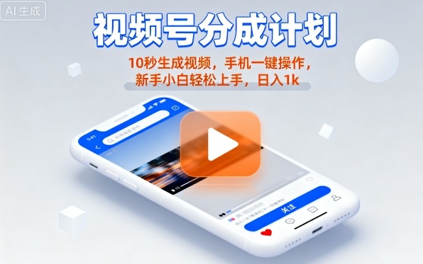 视频号分成计划懒人玩法，10秒生成视频，手机一键操作，新手小白轻松上手，日入1K【揭秘】-快名资源网