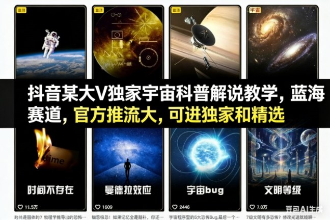 抖音某大V独家宇宙科普解说教学，蓝海赛道，官方推流大，可进独家和精选-快名资源网