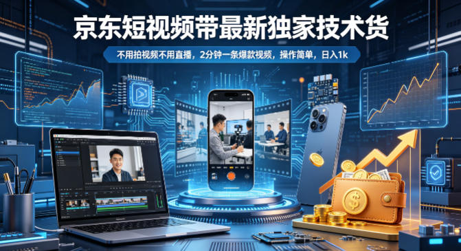 京东短视频带货最新独家技术，不用拍视频不用直播，2分钟一条爆款视频，操作简单，日入1k+【揭秘】-快名资源网