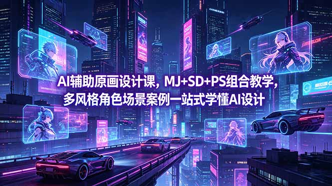 AI辅助原画设计课，MJ+SD+PS组合教学，多风格角色场景案例一站式学懂AI设计-快名资源网