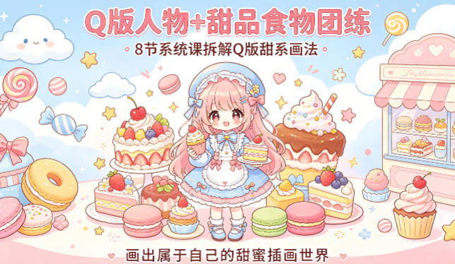 Q版人物+甜品食物团练，8节系统课拆解Q版甜系画法，画出属于自己的甜蜜插画世界-快名资源网