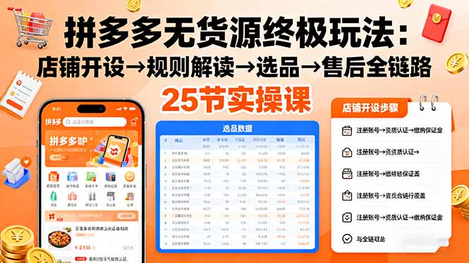 拼多多无货源终极玩法：店铺开设→规则解读→选品→售后全链路,25节实操课-青虫资源网