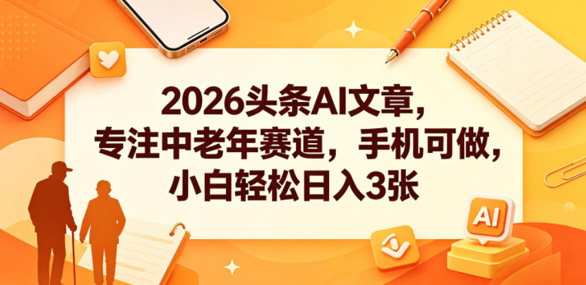 2026头条AI文章，专注中老年赛道，手机可做，小白轻松日入3张-快名资源网