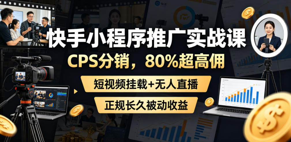 快手小程序推广实战课，CPS分销，80%超高佣，短视频挂载+无人直播，正规长久被动收益-快名资源网