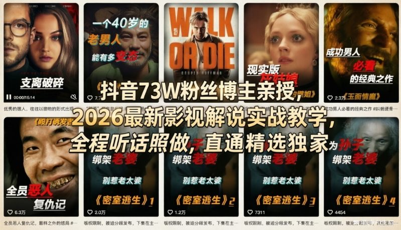 抖音73W粉丝博主亲授，2026最新影视解说实战教学，全程听话照做，直通精选独家-快名资源网
