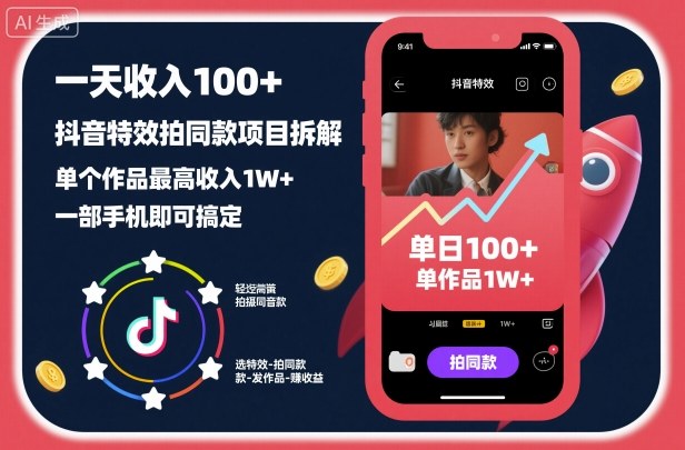 一天收入100+，抖音特效拍同款项目拆解，单个作品最高收入1W+，一部手机即可搞定-快名资源网