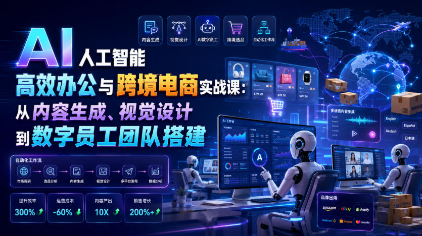 AI人工智能高效办公与跨境电商实战课：从内容生成、视觉设计到数字员工团队搭建-青虫资源网