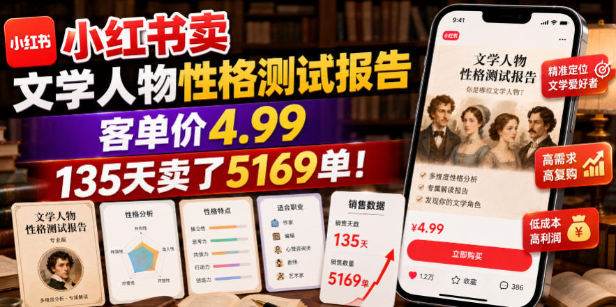 小红书卖文学人物性格测试报告，客单价4.99，135天卖了5169单！-青虫资源网