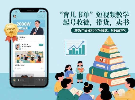 育儿书单短视频教学，起号收徒，带货，卖书(带货作品破2000W播放，月佣金2W)-快名资源网