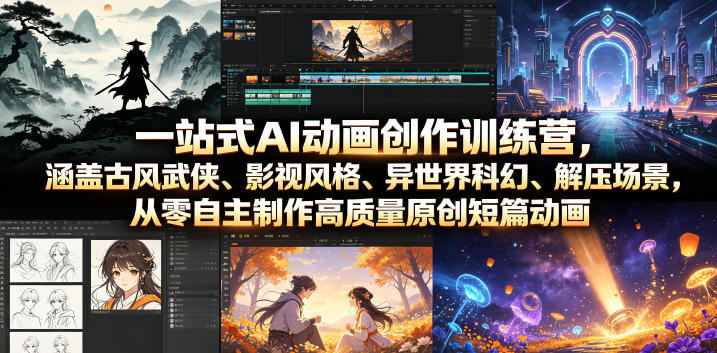 一站式AI动画创作训练营，涵盖古风武侠、影视风格、异世界科幻、解压场景，从零自主制作高质量原创短篇动画-青虫资源网