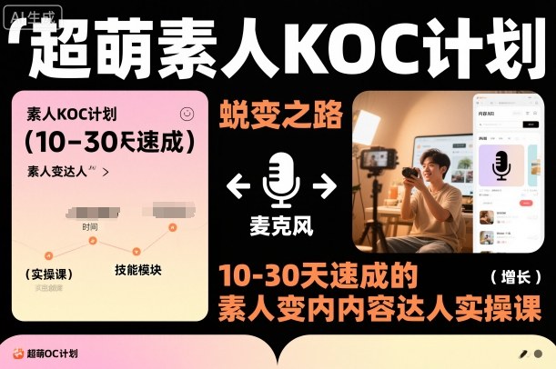 超萌素人KOC计划，10-30天速成的素人变内容达人实操课，适合想做短剧小说推文电商推广的素人入局-快名资源网