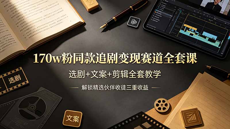 170w粉博主同款追剧变现赛道全套课，选剧+文案+剪辑全套教学，解锁精选伙伴收徒三重收益-青虫资源网