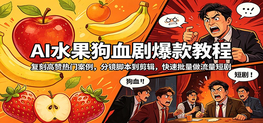 AI水果狗血剧爆款教程：复刻高赞热门案例，分镜脚本到剪辑，快速批量做流量短剧-快名资源网