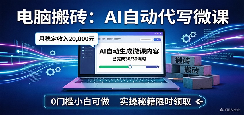 电脑搬砖AI自动代写微课，月稳定2W，0门槛小白可做，实操秘籍-快名资源网