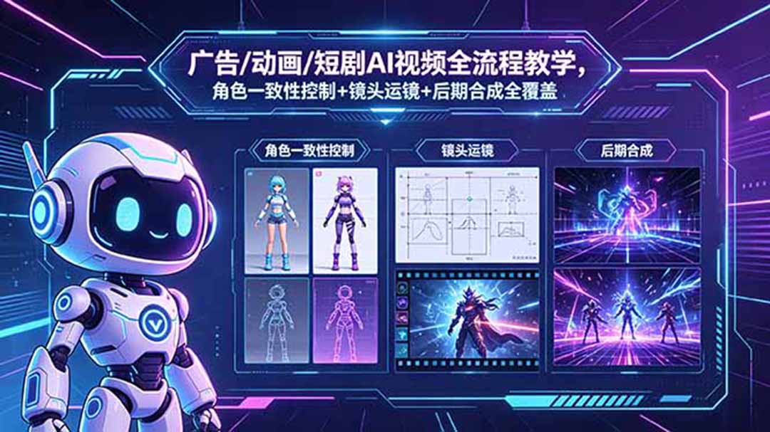 广告/动画/短剧AI视频全流程教学，角色一致性控制+镜头运镜+后期合成全覆盖-快名资源网