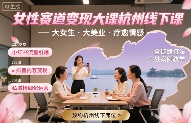 女性赛道变现大课杭州线下，大女生，大美业，疗愈情感，一套小红书、抖音、私域全链路打法-青虫资源网
