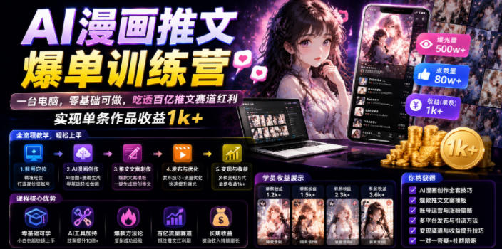 AI漫画推文爆单训练营，一台电脑，零基础可做，吃透百亿推文赛道红利，实现单条作品收益1k+-青虫资源网