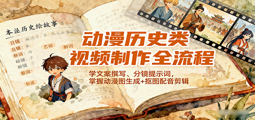 动漫历史类视频制作全流程，学文案撰写、分镜提示词，掌握动漫图生成+抠图配音剪辑-快名资源网