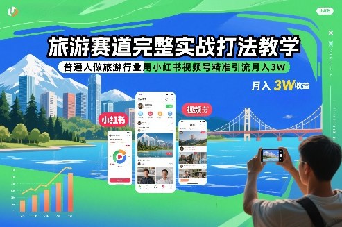 旅游赛道完整实战打法教学，普通人做旅游行业用小红书视频号精准引流月入3W-快名资源网