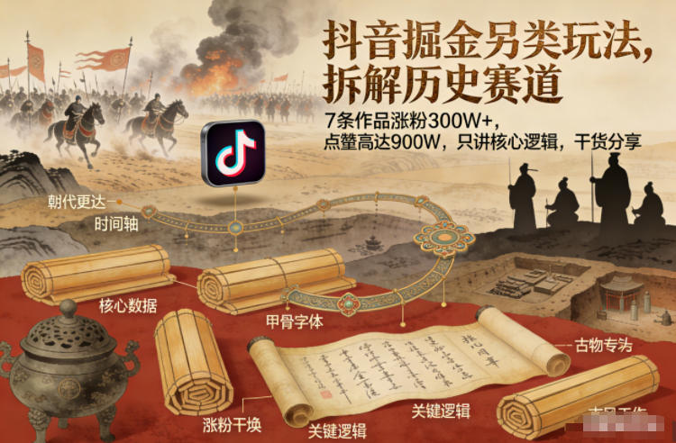 抖音掘金另类玩法，拆解历史赛道，7条作品涨粉300W+，点赞量高达900W，只讲核心逻辑，干货分享-快名资源网